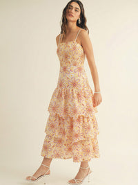 JUST ME WOMEN'S SLEEVELESS SQUARE NECK SMOCK FLORAL EYELET TIERED MAXI DRESS