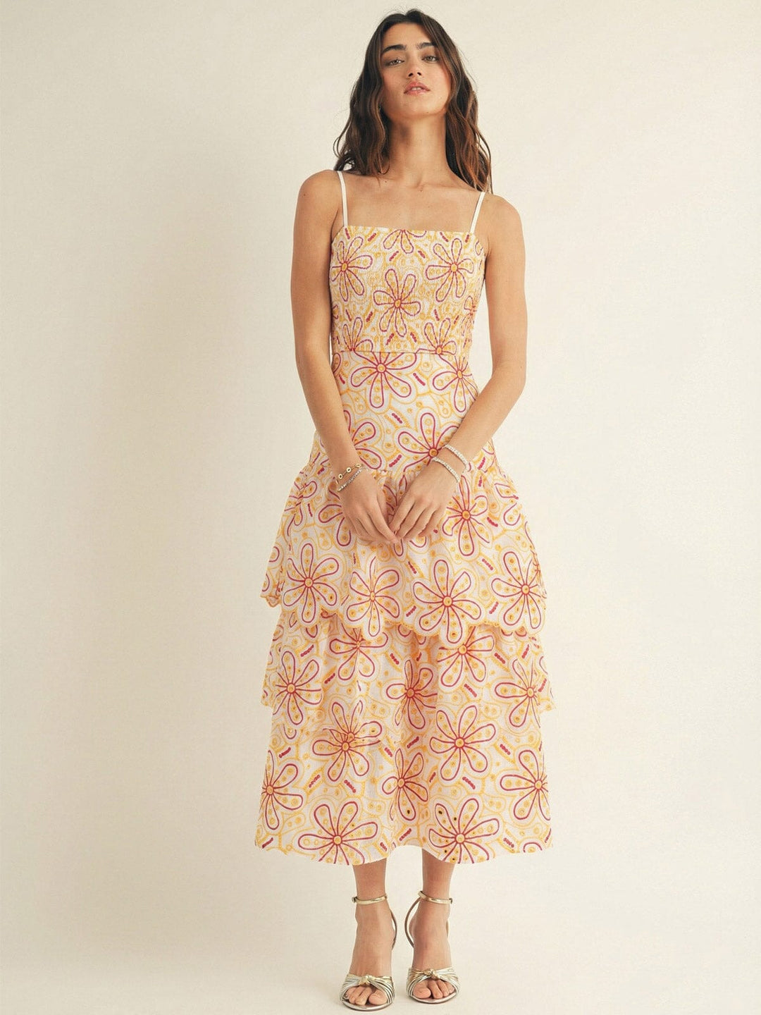 JUST ME WOMEN'S SLEEVELESS SQUARE NECK SMOCK FLORAL EYELET TIERED MAXI DRESS