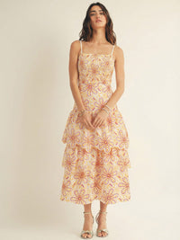 JUST ME WOMEN'S SLEEVELESS SQUARE NECK SMOCK FLORAL EYELET TIERED MAXI DRESS