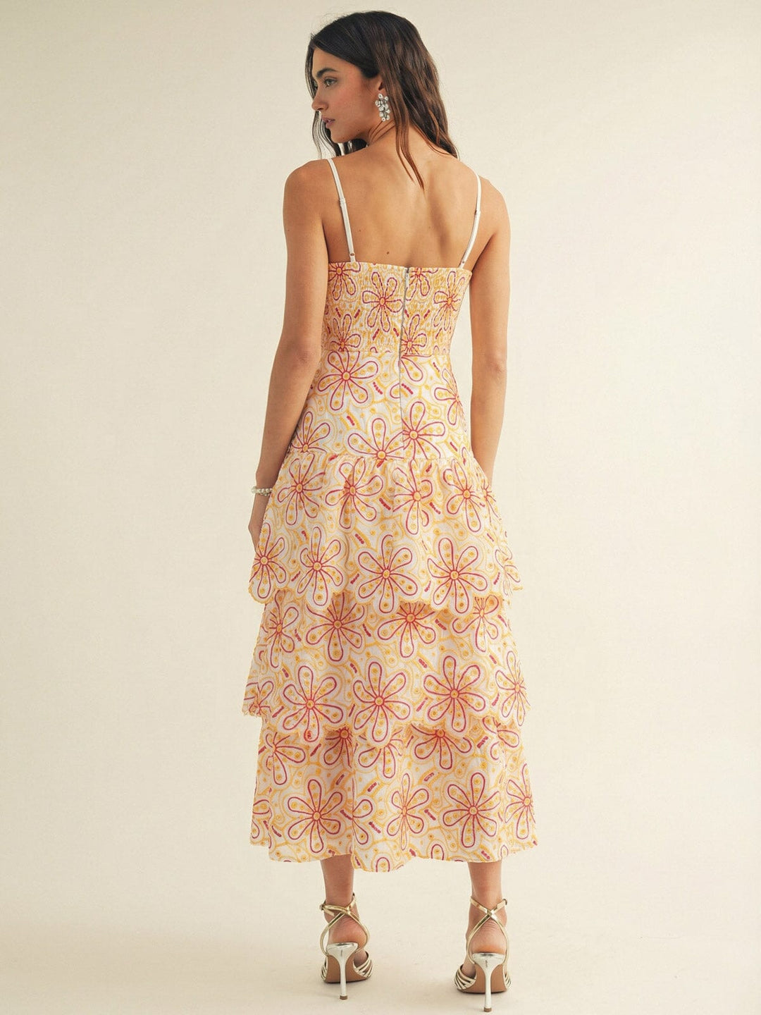 JUST ME WOMEN'S SLEEVELESS SQUARE NECK SMOCK FLORAL EYELET TIERED MAXI DRESS