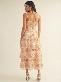 JUST ME WOMEN'S SLEEVELESS SQUARE NECK SMOCK FLORAL EYELET TIERED MAXI DRESS