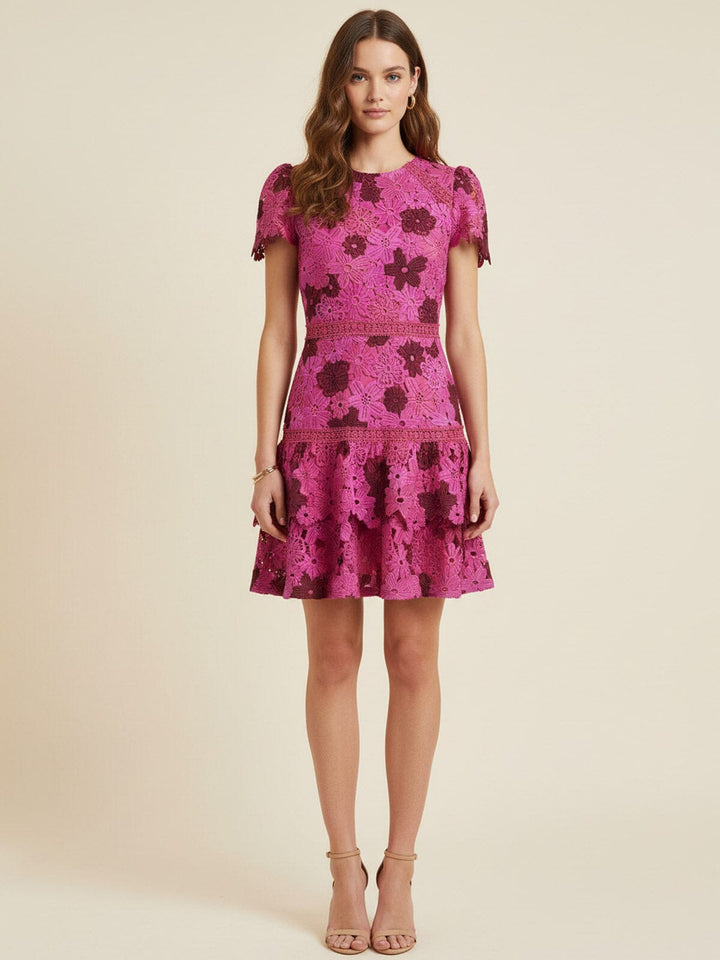 JUST ME WOMEN'S SHORT SLEEVE TIERED FLORAL CROCHET MINI DRESS