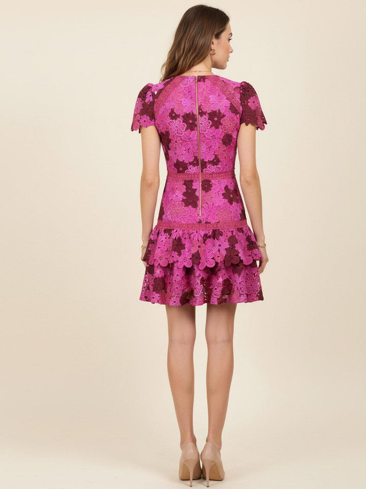 JUST ME WOMEN'S SHORT SLEEVE TIERED FLORAL CROCHET MINI DRESS
