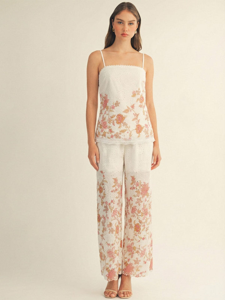 JUST ME WOMEN'S SLEEVELESS TOP & ELASTIC WAIST POCKETS PANTS FLORAL EYELET 2PC. SET