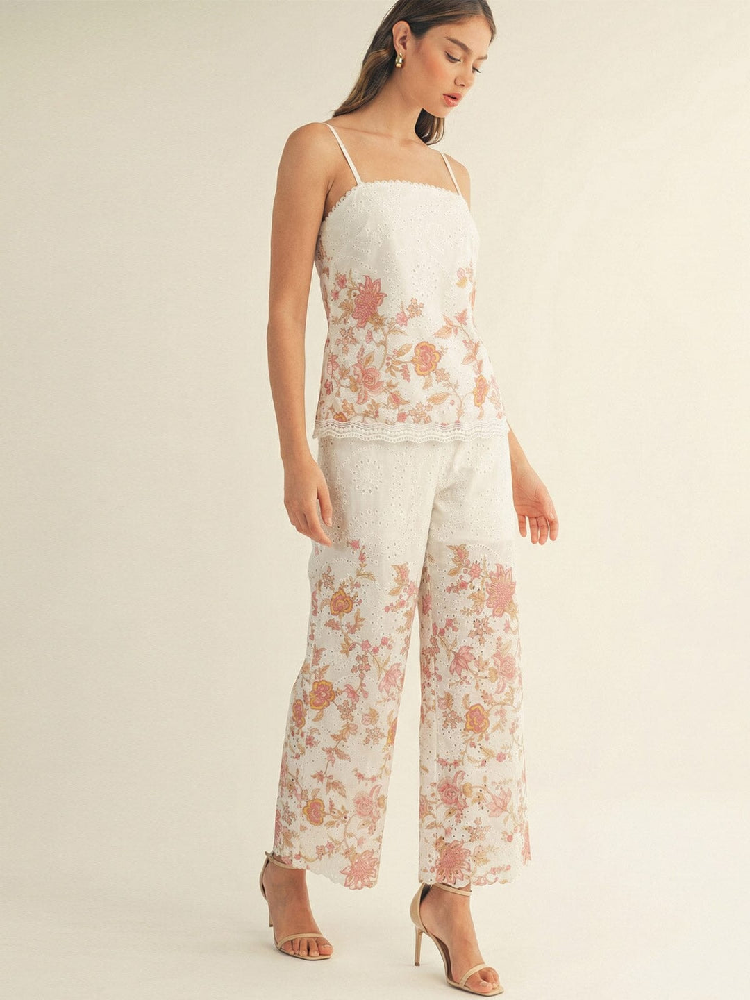 JUST ME WOMEN'S SLEEVELESS TOP & ELASTIC WAIST POCKETS PANTS FLORAL EYELET 2PC. SET