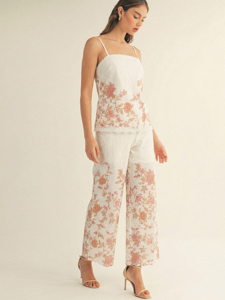 JUST ME WOMEN'S SLEEVELESS TOP & ELASTIC WAIST POCKETS PANTS FLORAL EYELET 2PC. SET