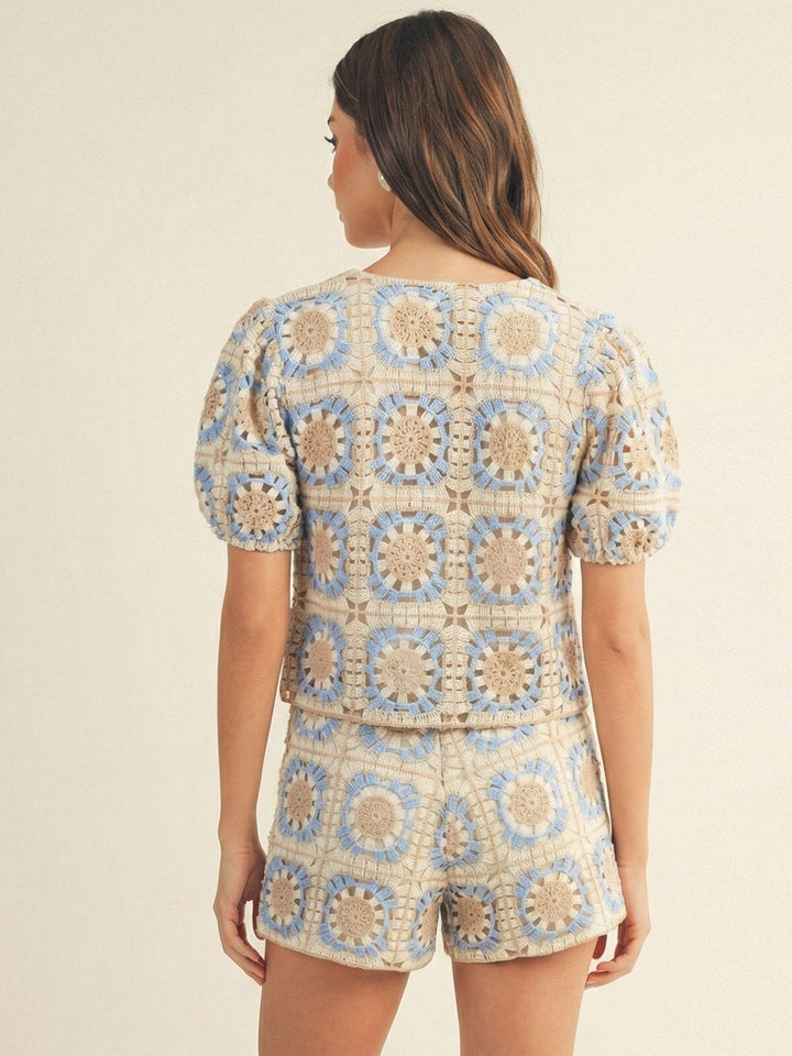 JUST ME WOMEN'S SHORT SLEEVE TOP & ELASTIC WAIST POCKETS SHORTS CROCHET 2PC. SET