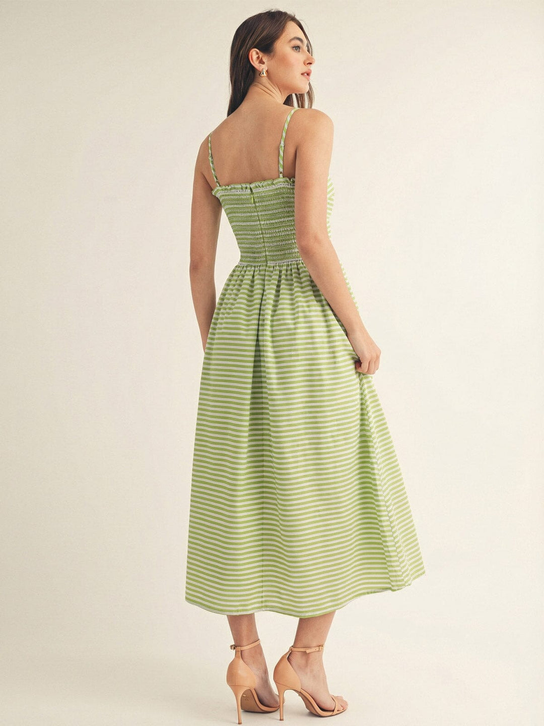 JUST ME WOMEN'S SLEEVELESS SQUARE NECK SMOCK POCKETS STRIPES MAXI DRESS