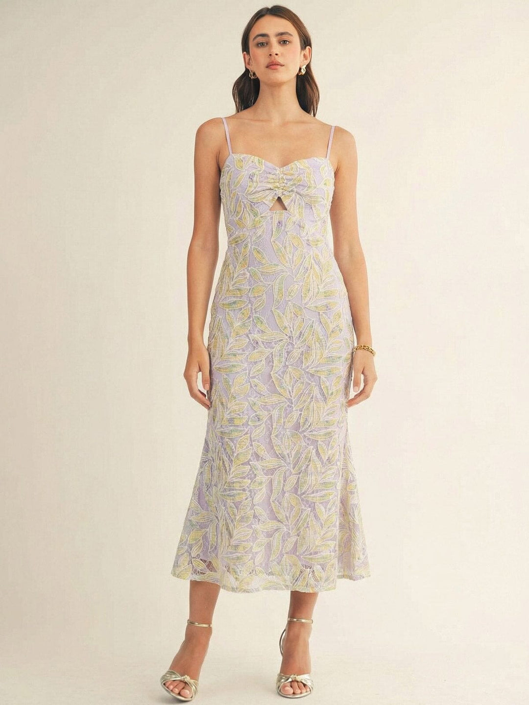 JUST ME WOMEN'S SLEEVELESS CUT OUT LACE EMBROIDERY FLORAL MAXI DRESS