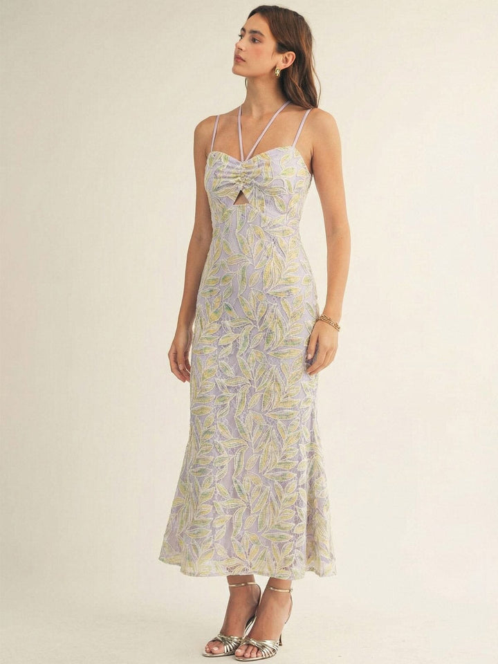 JUST ME WOMEN'S SLEEVELESS CUT OUT LACE EMBROIDERY FLORAL MAXI DRESS
