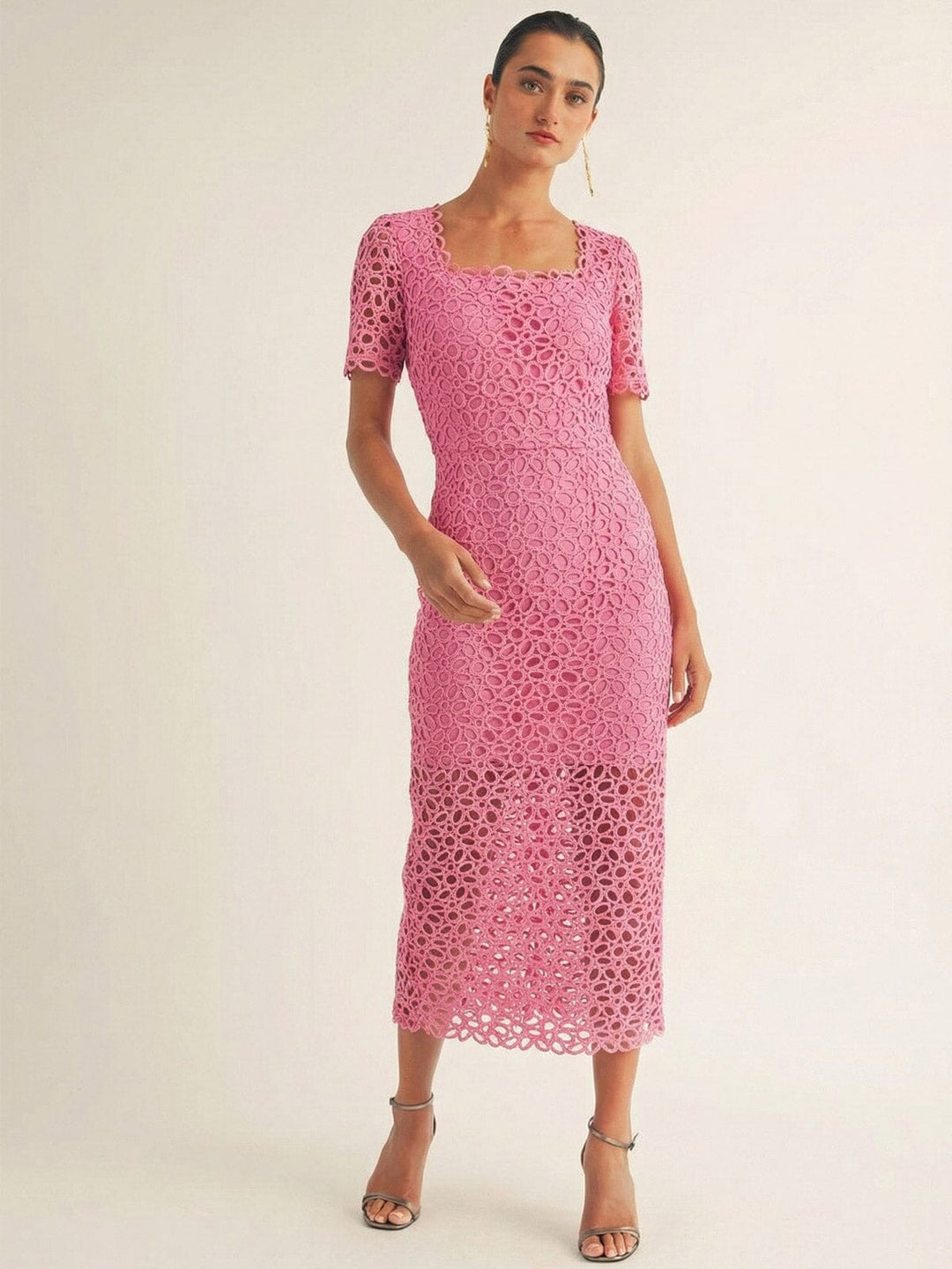 JUST ME WOMEN'S SHORT SLEEVE SQUARE NECK CROCHET BODYCON MAXI DRESS