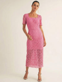 JUST ME WOMEN'S SHORT SLEEVE SQUARE NECK CROCHET BODYCON MAXI DRESS