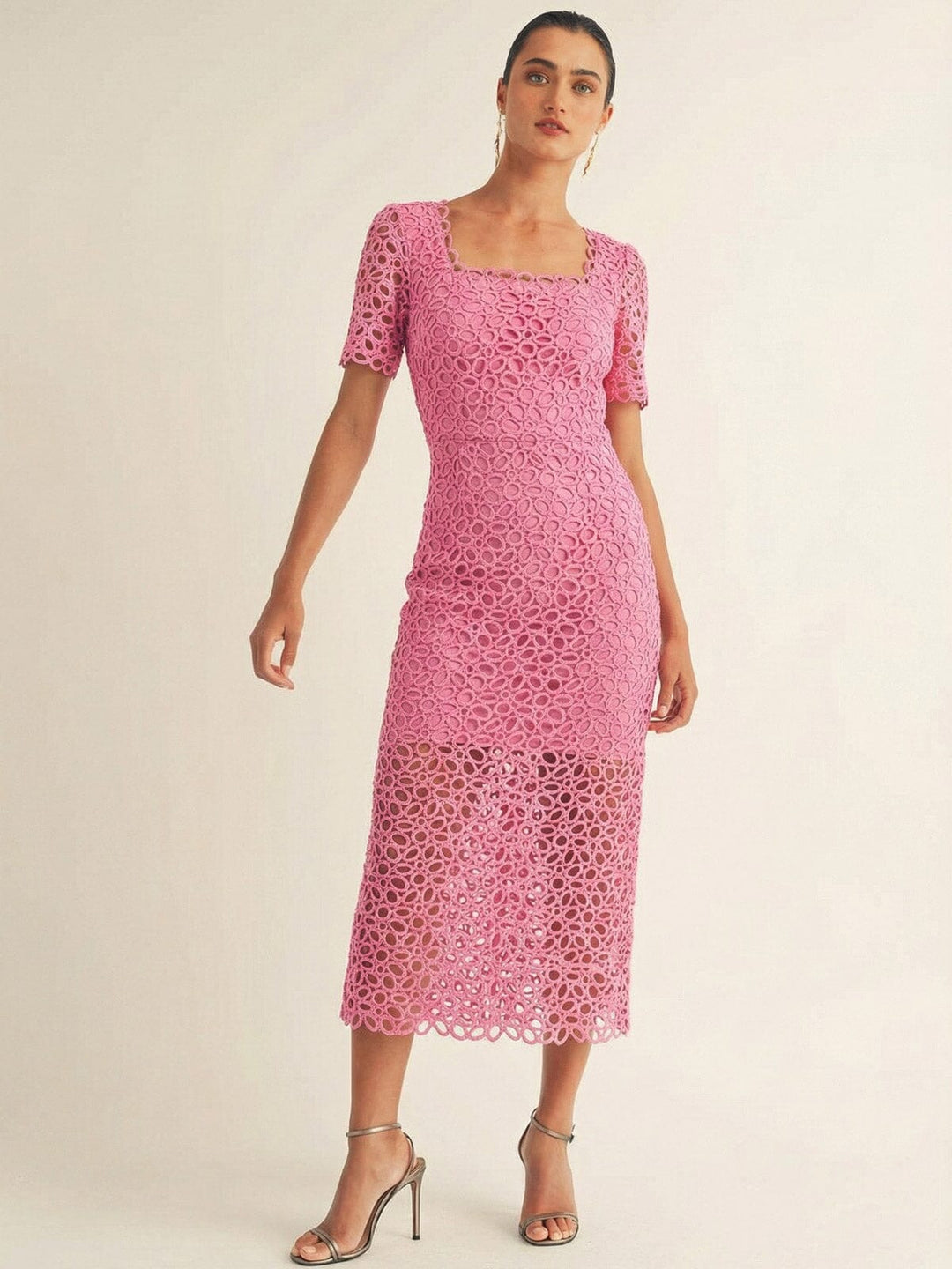 JUST ME WOMEN'S SHORT SLEEVE SQUARE NECK CROCHET BODYCON MAXI DRESS