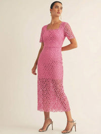 JUST ME WOMEN'S SHORT SLEEVE SQUARE NECK CROCHET BODYCON MAXI DRESS