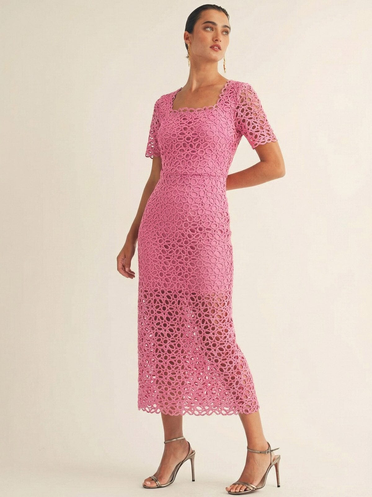 JUST ME WOMEN'S SHORT SLEEVE SQUARE NECK CROCHET BODYCON MAXI DRESS