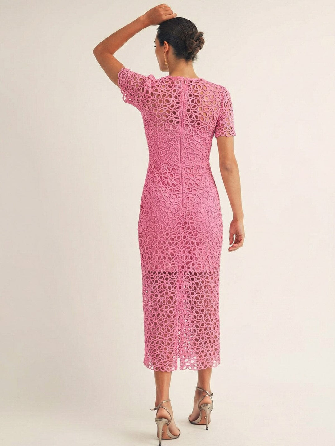 JUST ME WOMEN'S SHORT SLEEVE SQUARE NECK CROCHET BODYCON MAXI DRESS