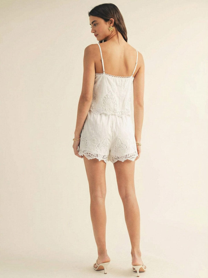 JUST ME WOMEN'S SLEEVELESS TANK TOP WITH SHORT SLEEVE BLOUSE & ELASTIC WAIST POCKETS SHORTS CROCHET 3PC. SET