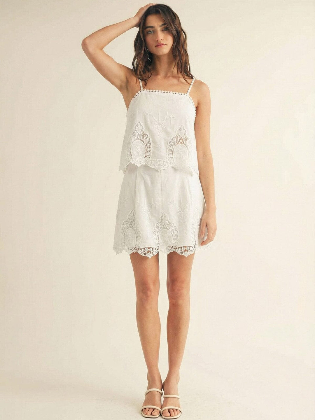 JUST ME WOMEN'S SLEEVELESS TANK TOP WITH SHORT SLEEVE BLOUSE & ELASTIC WAIST POCKETS SHORTS CROCHET 3PC. SET