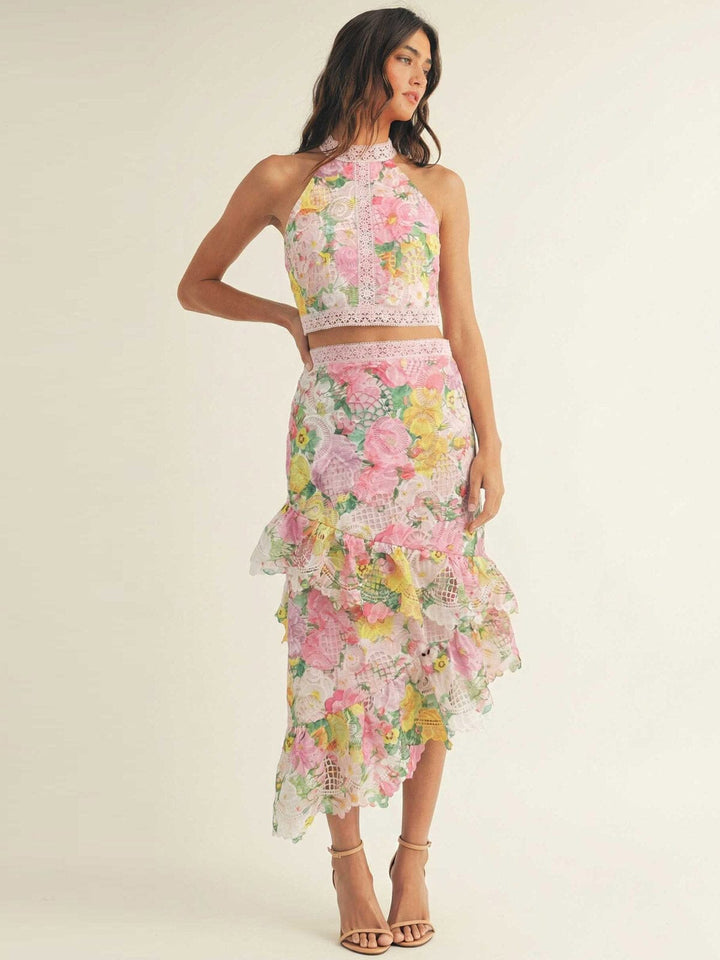 JUST ME WOMEN'S HALTER NECK TOP & ZIP UP HIGH LOW MAXI SKIRT FLORAL CROCHET 2PC. SET