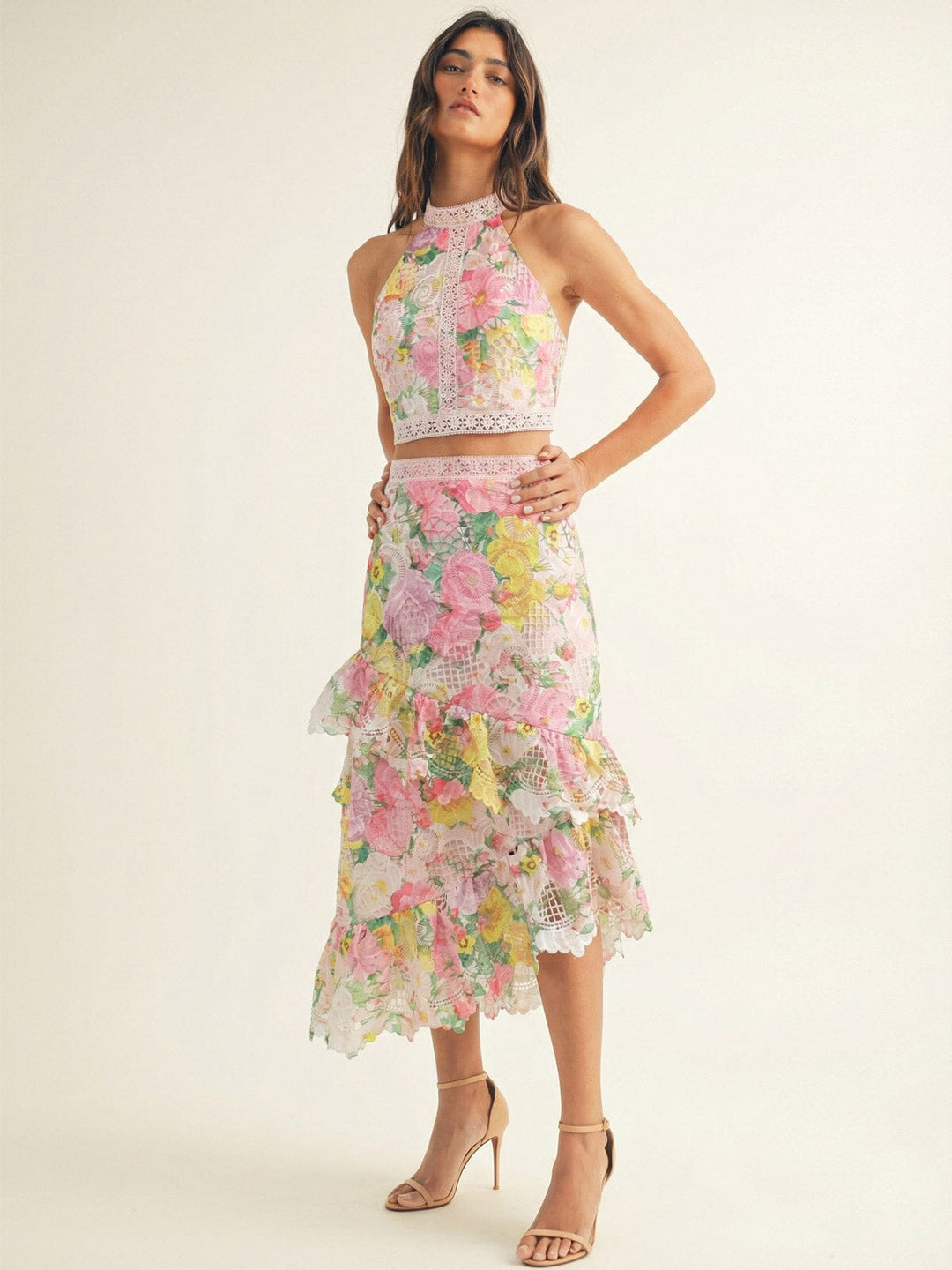 JUST ME WOMEN'S HALTER NECK TOP & ZIP UP HIGH LOW MAXI SKIRT FLORAL CROCHET 2PC. SET