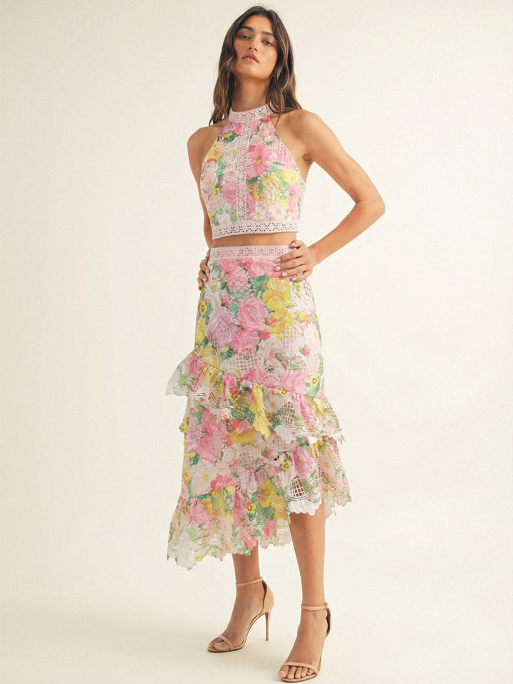JUST ME WOMEN'S HALTER NECK TOP & ZIP UP HIGH LOW MAXI SKIRT FLORAL CROCHET 2PC. SET