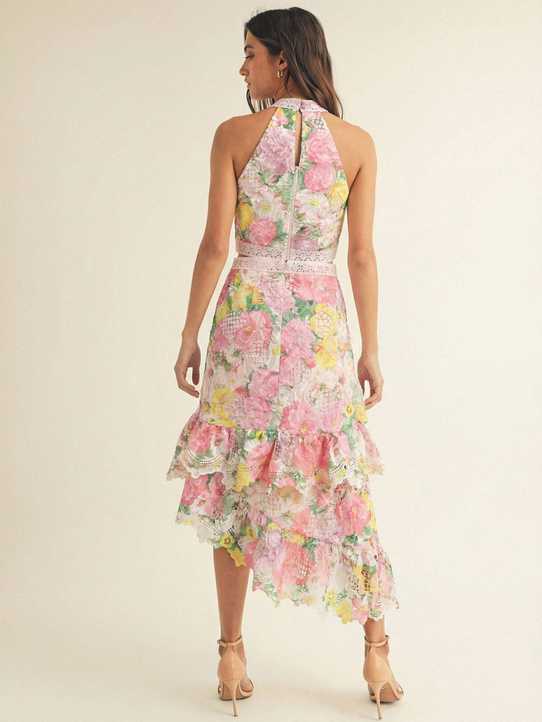 JUST ME WOMEN'S HALTER NECK TOP & ZIP UP HIGH LOW MAXI SKIRT FLORAL CROCHET 2PC. SET