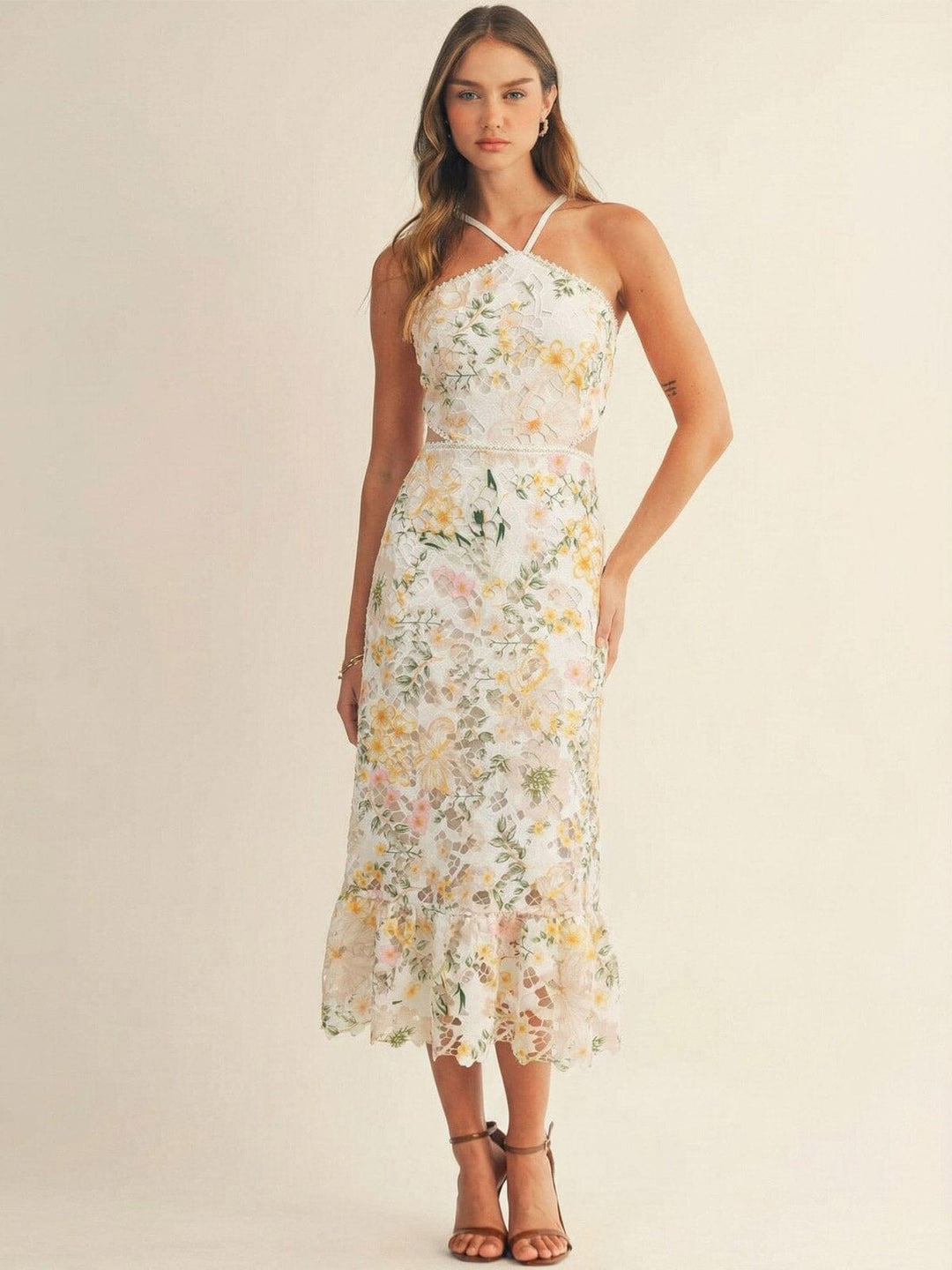 JUST ME WOMEN'S SLEEVELESS HALTER NECK OPEN BACK FLORAL CROCHET BODYCON MAXI DRESS