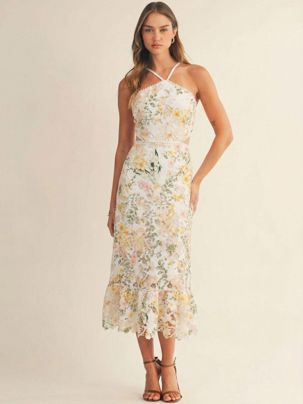 JUST ME WOMEN'S SLEEVELESS HALTER NECK OPEN BACK FLORAL CROCHET BODYCON MAXI DRESS