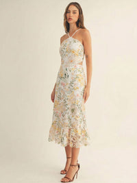 JUST ME WOMEN'S SLEEVELESS HALTER NECK OPEN BACK FLORAL CROCHET BODYCON MAXI DRESS