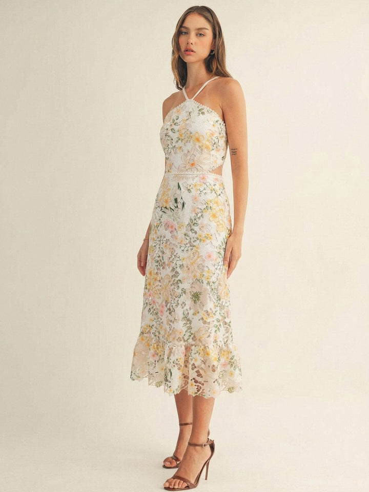 JUST ME WOMEN'S SLEEVELESS HALTER NECK OPEN BACK FLORAL CROCHET BODYCON MAXI DRESS