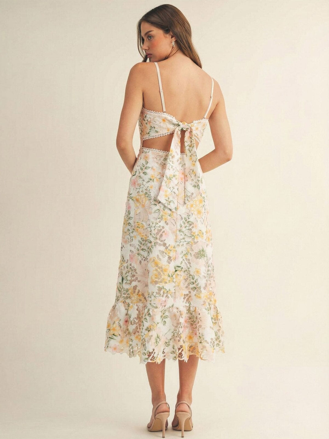 JUST ME WOMEN'S SLEEVELESS HALTER NECK OPEN BACK FLORAL CROCHET BODYCON MAXI DRESS