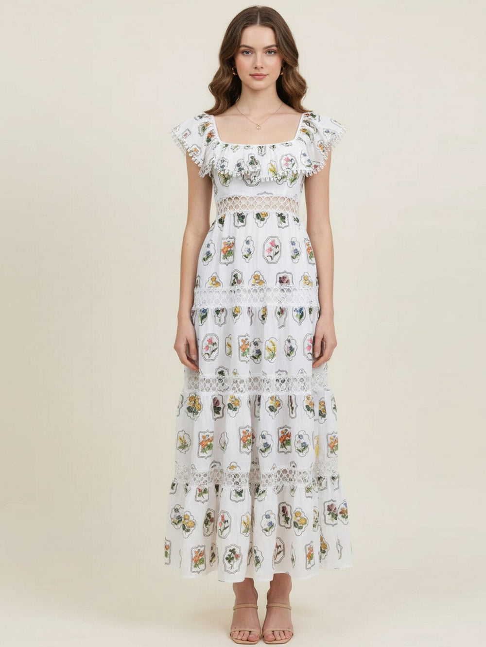 JUST ME WOMEN'S SLEEVELESS RUFFLE TIERED FLORAL EMBROIDERY MAXI DRESS