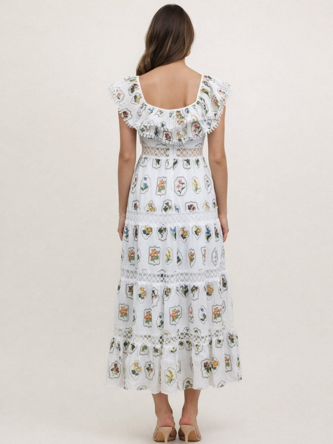 JUST ME WOMEN'S SLEEVELESS RUFFLE TIERED FLORAL EMBROIDERY MAXI DRESS