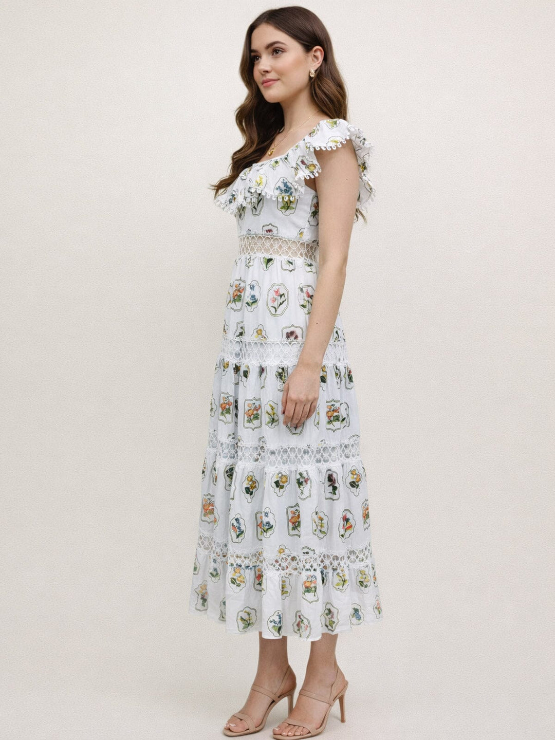JUST ME WOMEN'S SLEEVELESS RUFFLE TIERED FLORAL EMBROIDERY MAXI DRESS