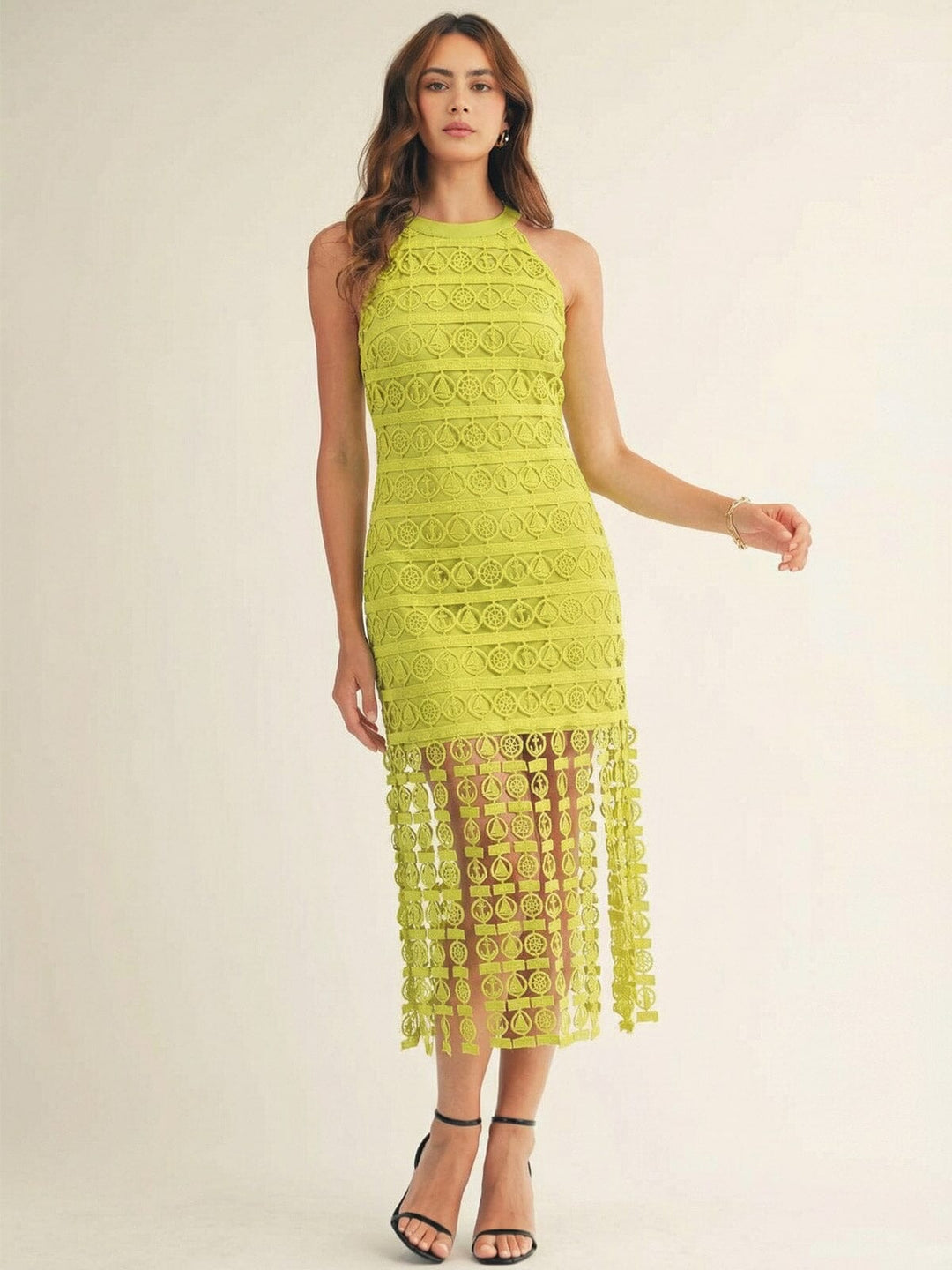 JUST ME WOMEN'S SLEEVELESS HALTER NECK FRINGE BOTTOM HEM CROCHET MIDI DRESS