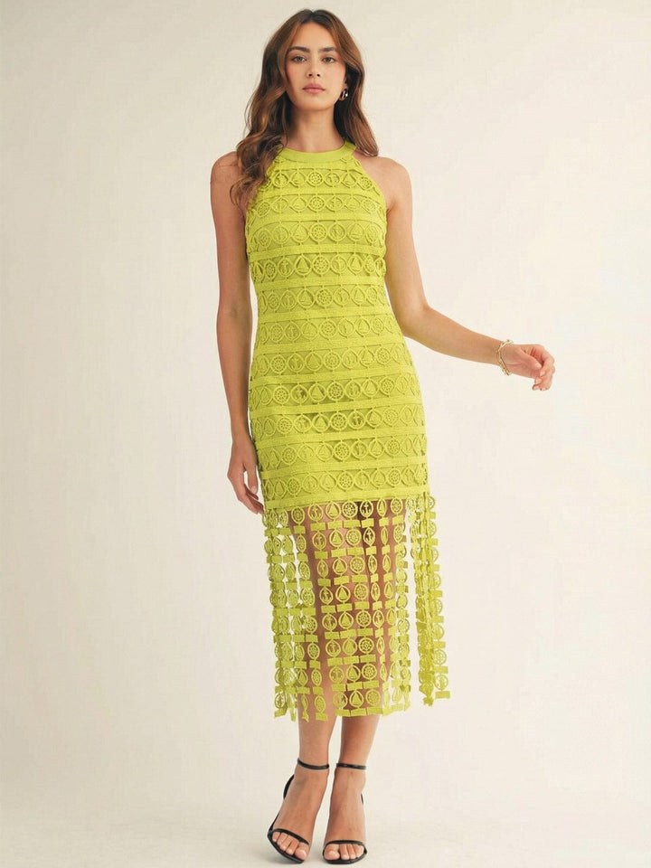 JUST ME WOMEN'S SLEEVELESS HALTER NECK FRINGE BOTTOM HEM CROCHET MIDI DRESS