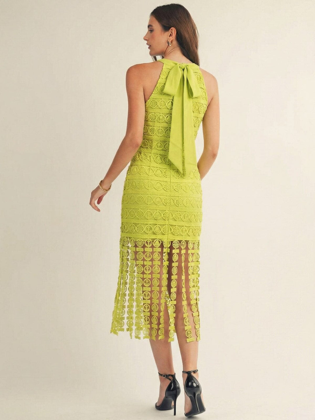 JUST ME WOMEN'S SLEEVELESS HALTER NECK FRINGE BOTTOM HEM CROCHET MIDI DRESS