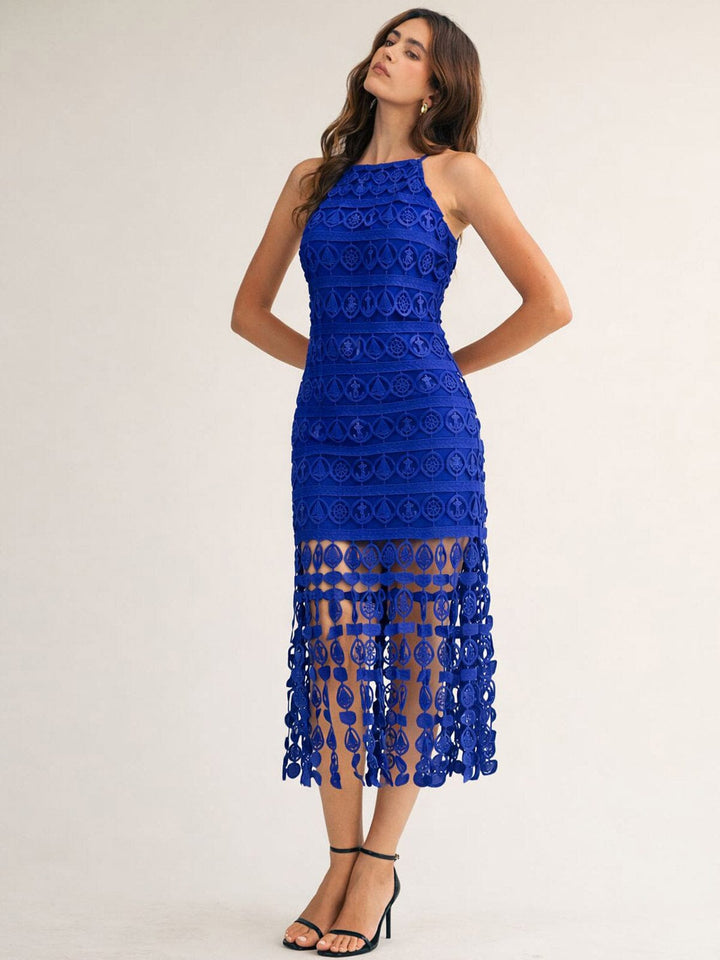 JUST ME WOMEN'S SLEEVELESS HALTER NECK FRINGE BOTTOM HEM CROCHET MIDI DRESS