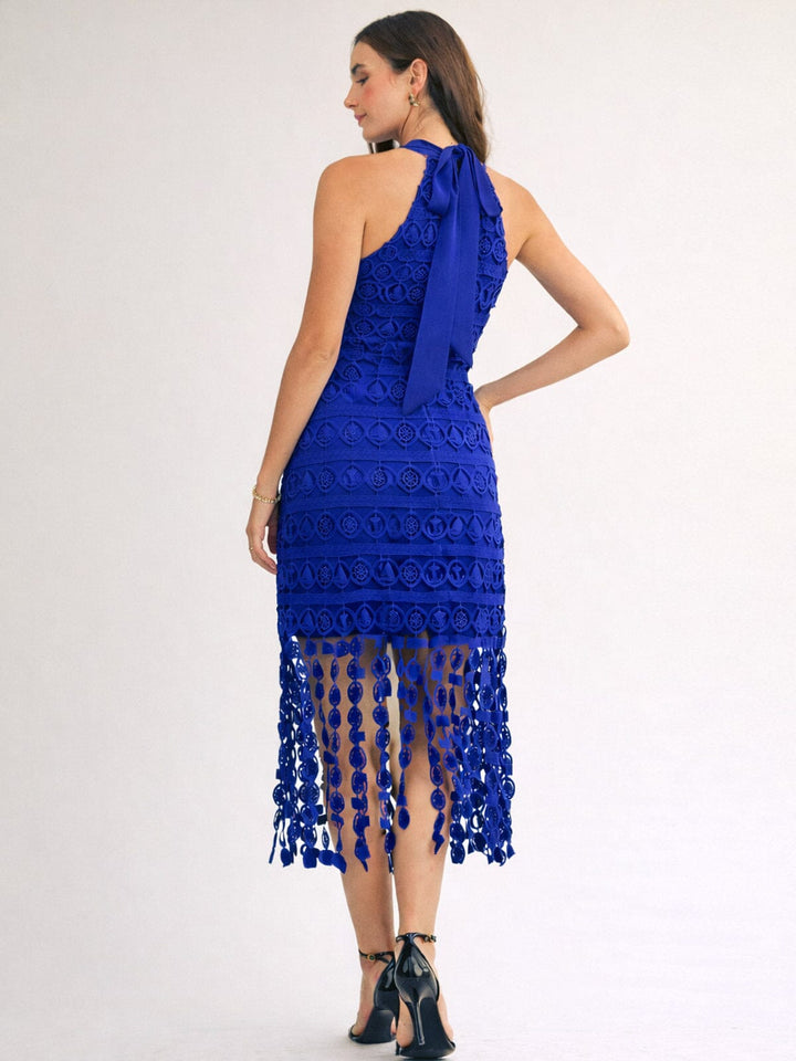 JUST ME WOMEN'S SLEEVELESS HALTER NECK FRINGE BOTTOM HEM CROCHET MIDI DRESS