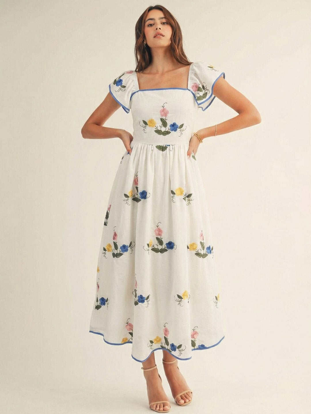 JUST ME WOMEN'S RUFFLE SLEEVE SQUARE NECK EMBROIDERY FLORAL MAXI DRESS