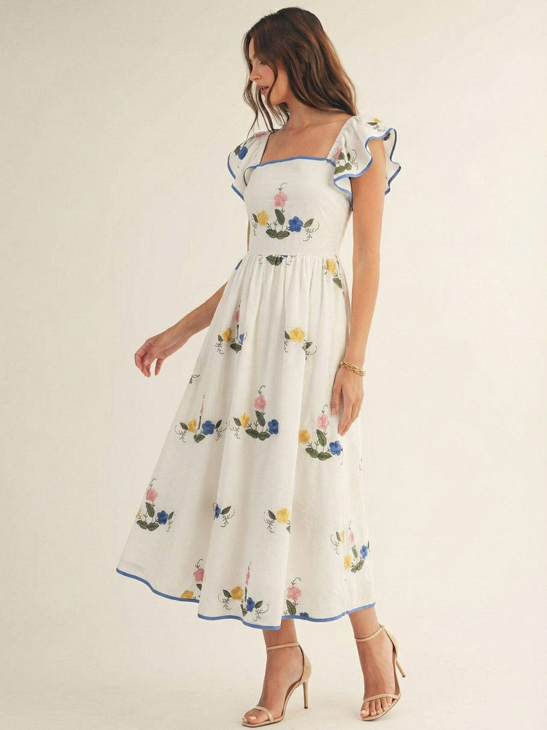 JUST ME WOMEN'S RUFFLE SLEEVE SQUARE NECK EMBROIDERY FLORAL MAXI DRESS