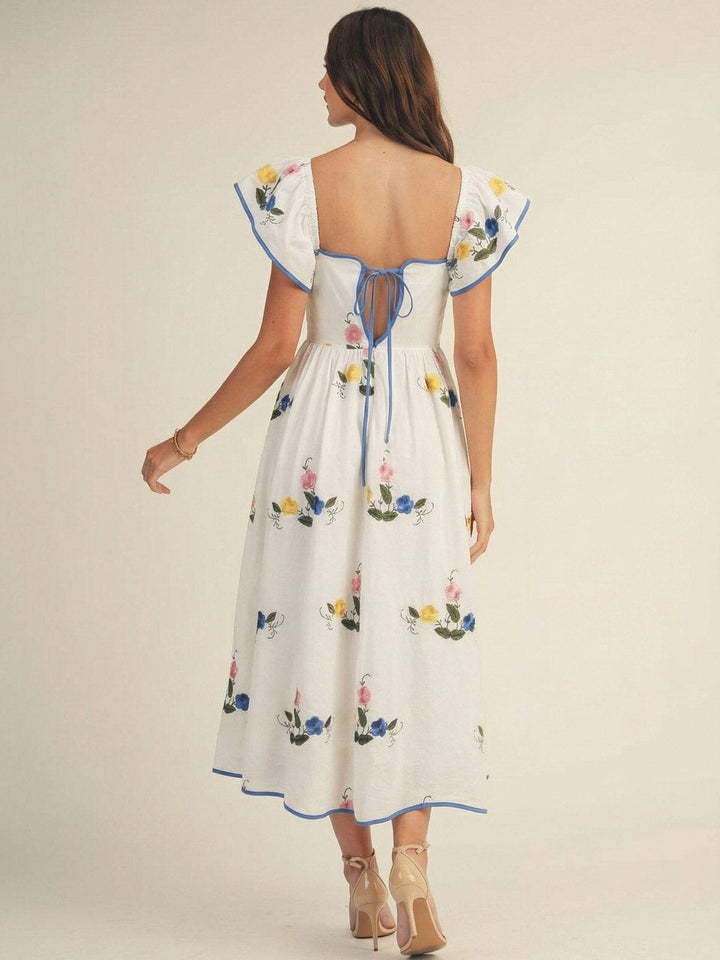 JUST ME WOMEN'S RUFFLE SLEEVE SQUARE NECK EMBROIDERY FLORAL MAXI DRESS