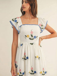 JUST ME WOMEN'S RUFFLE SLEEVE SQUARE NECK EMBROIDERY FLORAL MAXI DRESS