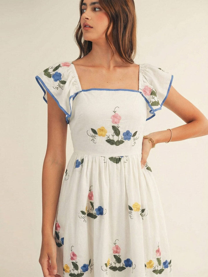 JUST ME WOMEN'S RUFFLE SLEEVE SQUARE NECK EMBROIDERY FLORAL MAXI DRESS