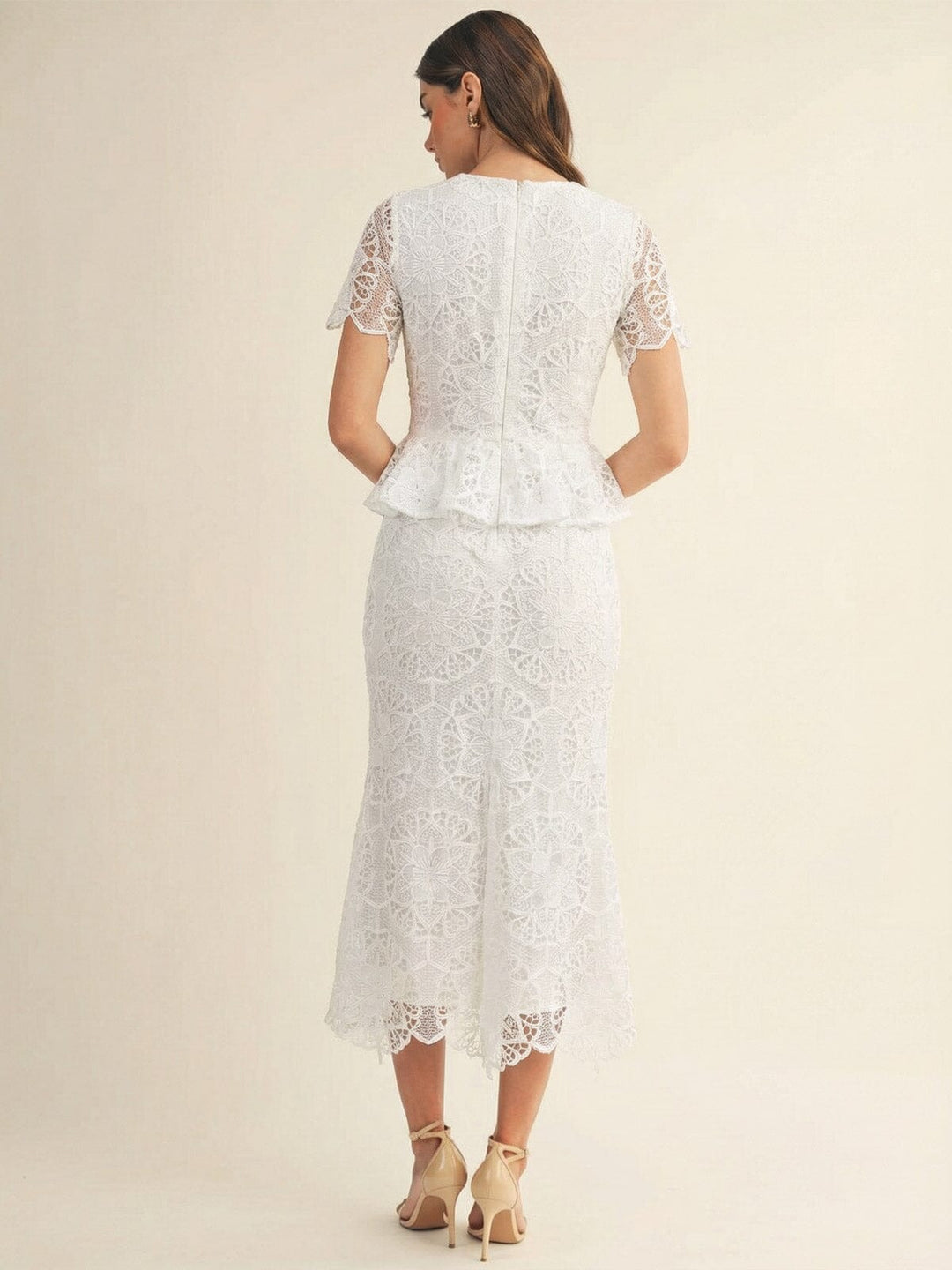 JUST ME WOMEN'S SHORT SLEEVE V-NECK SURPLICE CROCHET BODYCON MAXI DRESS