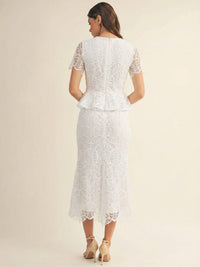 JUST ME WOMEN'S SHORT SLEEVE V-NECK SURPLICE CROCHET BODYCON MAXI DRESS