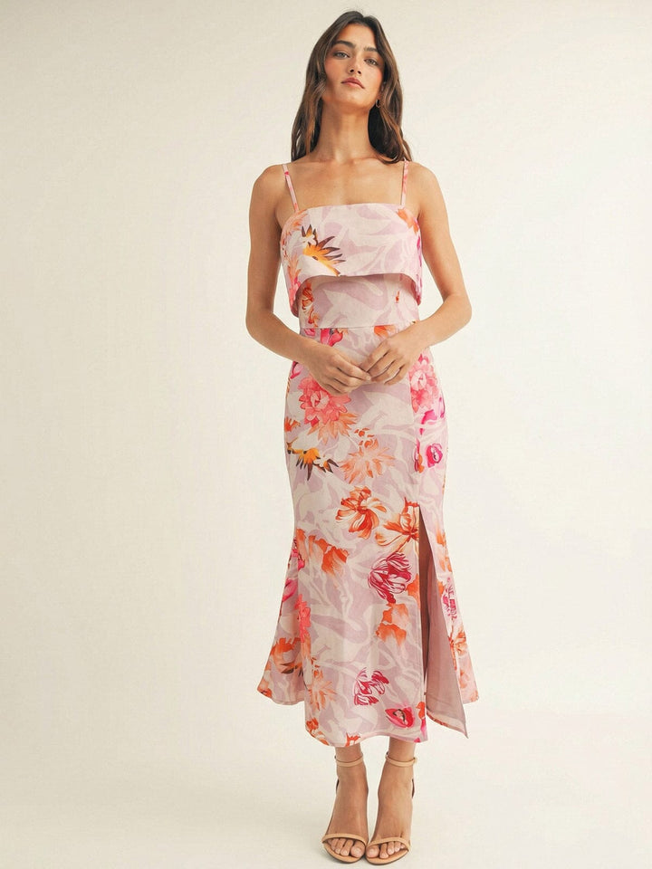 JUST ME WOMEN'S SLEEVELESS FRONT SLIT BODYCON FLORAL MAXI DRESS