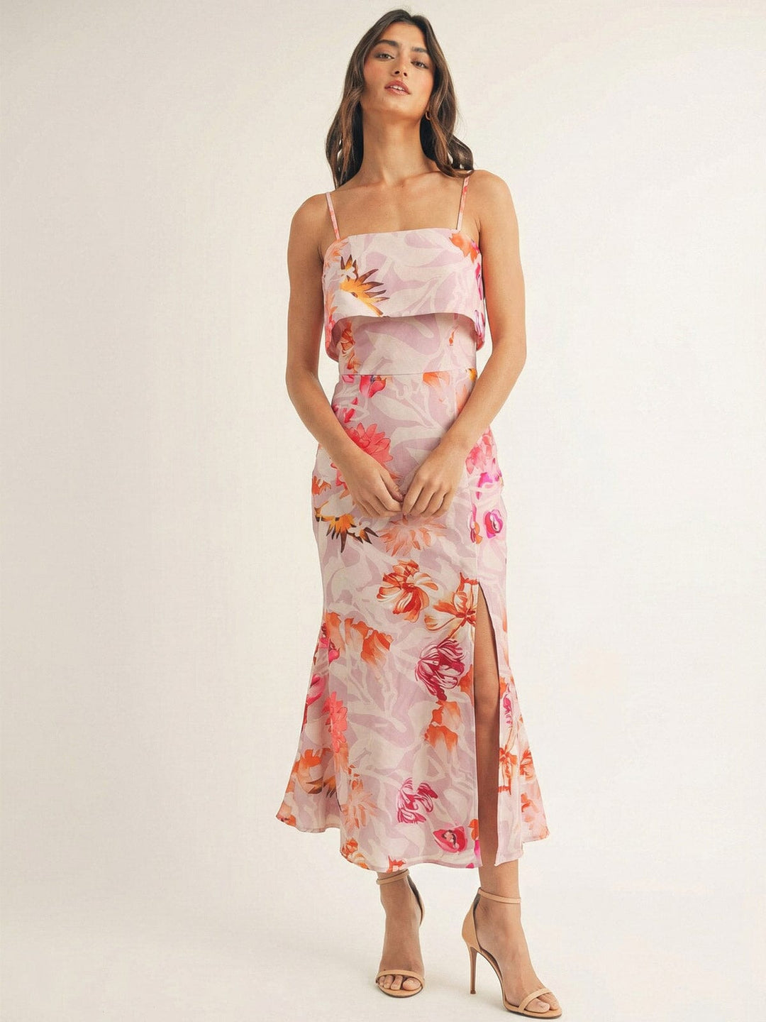 JUST ME WOMEN'S SLEEVELESS FRONT SLIT BODYCON FLORAL MAXI DRESS