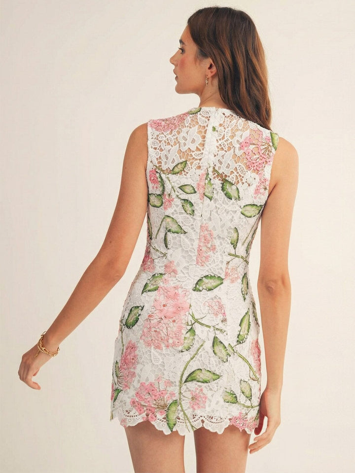 JUST ME WOMEN'S SLEEVELESS BODYCON FLORAL CROCHET MINI DRESS