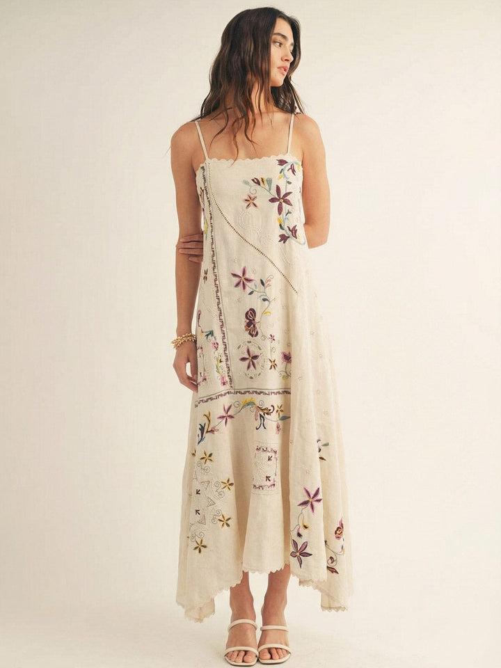 JUST ME WOMEN'S SLEEVELESS FRONT POCKETS FLORAL EMBROIDERY MAXI DRESS